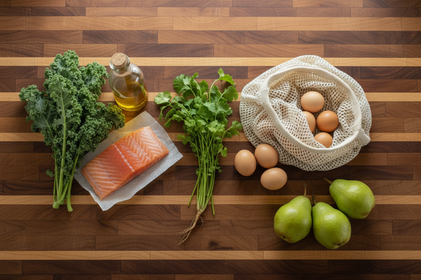 Low-histamine diet foods: salmon, cilantro, kale, olive oil, eggs and pears