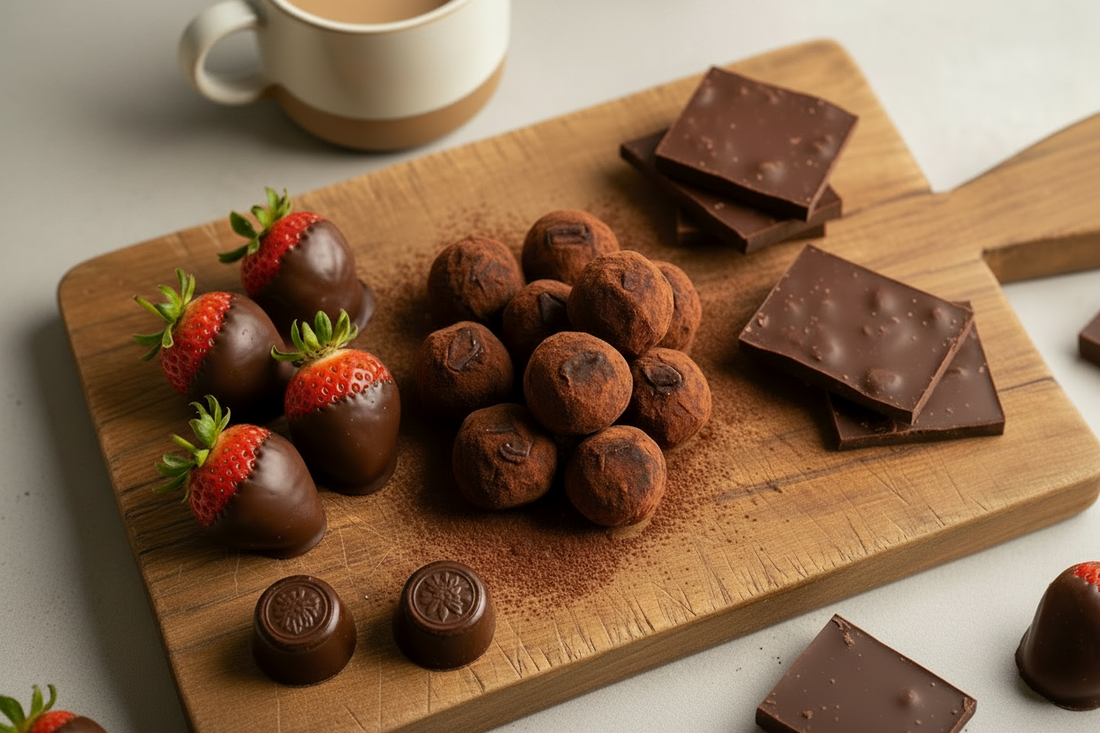 Hot chocolate, chocolate treats on serving board.