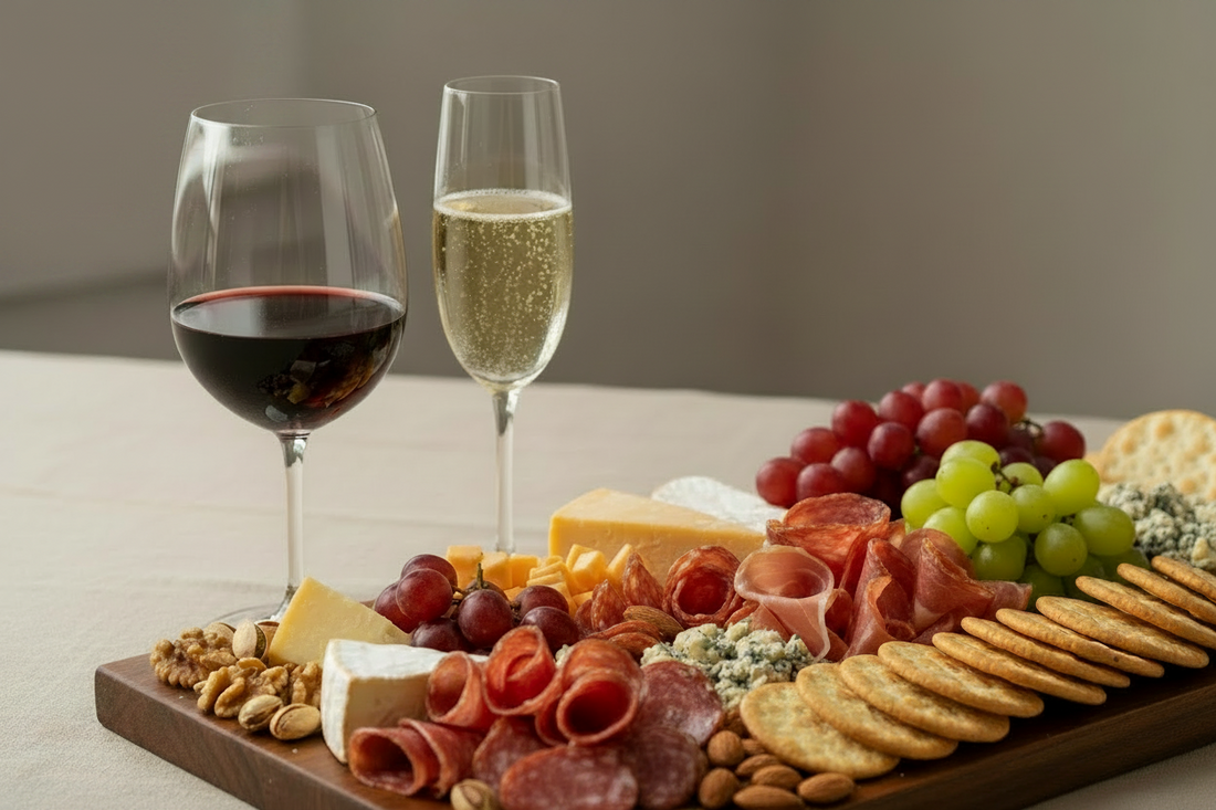 Red wine and champagne and charcuterie board