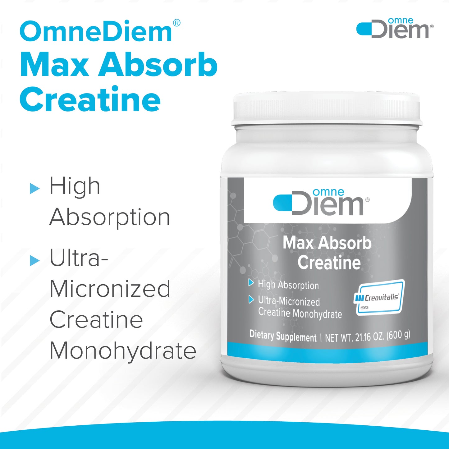 Omne Diem Micronized Max Absorb Creatine 21.16oz - 600G with Micronized Creavitalis - 120 Servings CS