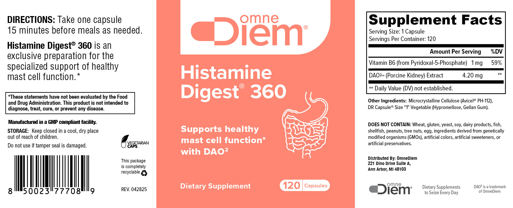 Histamine Digest 360 - Mast Cell Support - DAO Enzyme & P5P Vitamin B6 - 120 DR Capsules CSP