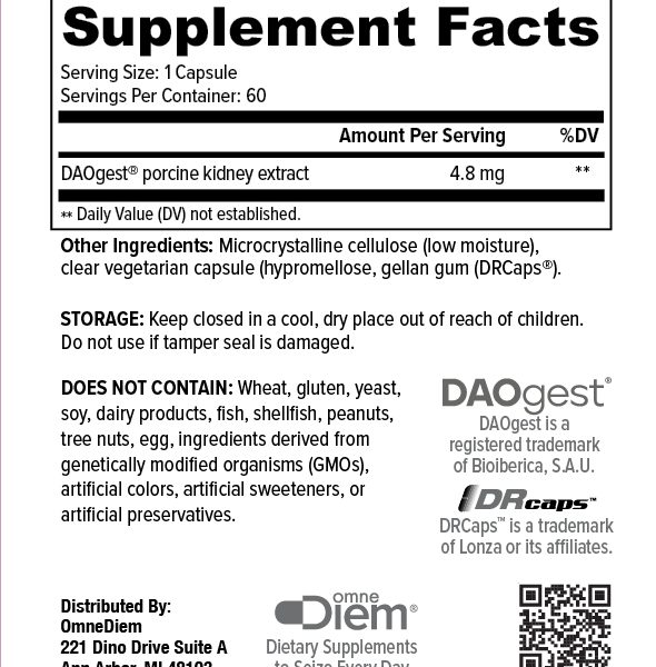 OmneDiem Histamine Digest PureMAX 40,000 HDU 60 capsules - supplement facts